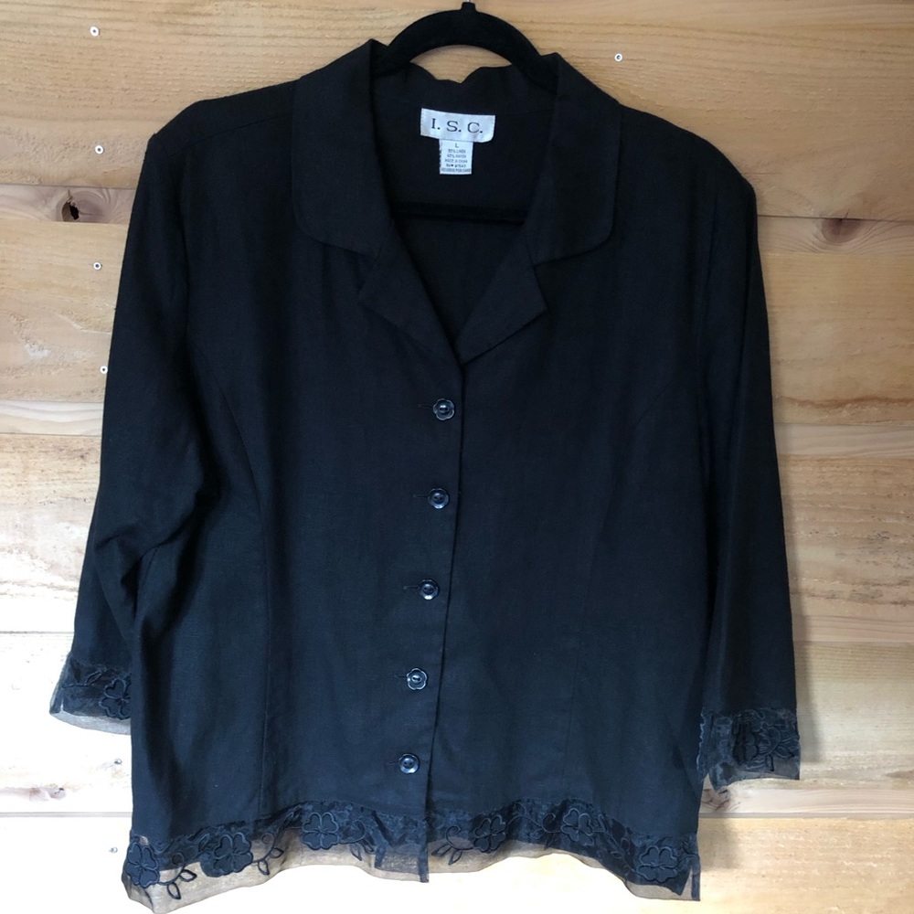 I.C.S. 2 pc black linen blend outfit cropped pants size Large